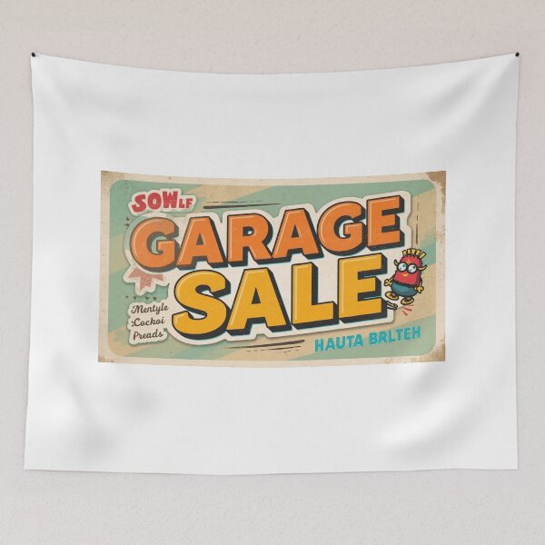 Aperçu de l'œuvre Affiche vintage de vente de garage de dessin animé créée et vendue par Kitty Kat.