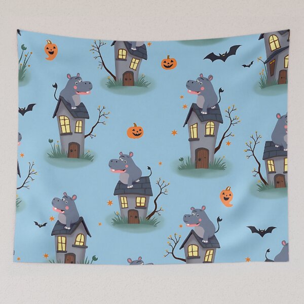 Item preview, Halloween Hippo Pattern, Spooky Cute Hippo, Haunted House Design, Trick or Treat Animal Art, Kawaii Halloween Print designed and sold by ArtDesignTp.