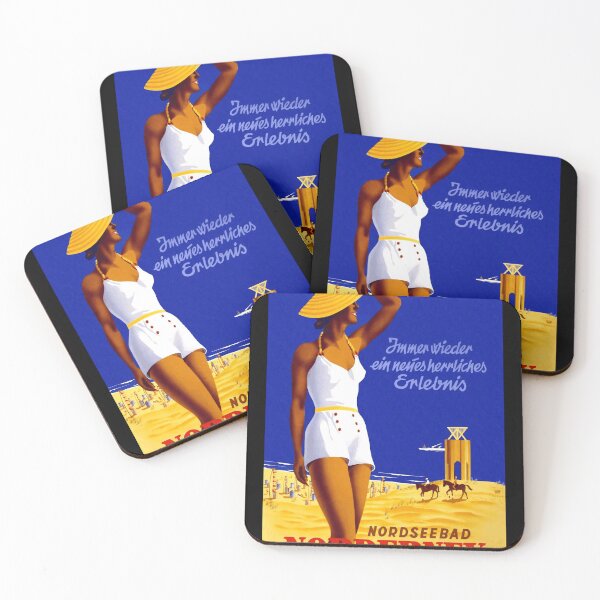 Item preview, Vintage Norderney Travel Poster | Art Deco Beach Scene | Elegant Woman in Swimsuit & Yellow Hat | German Coastal Artwork designed and sold by artofuniverse.