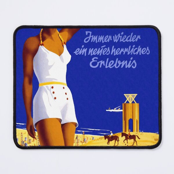 Item preview, Vintage Norderney Travel Poster | Art Deco Beach Scene | Elegant Woman in Swimsuit & Yellow Hat | German Coastal Artwork designed and sold by artofuniverse.