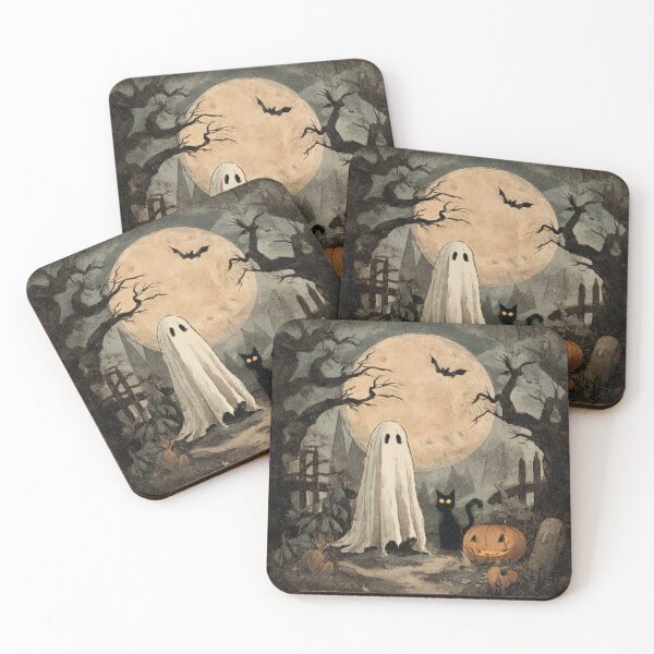 Item preview, Ghost Black Cat Pumpkin Autumn Halloween Scene Illustration designed and sold by GrinGalore.