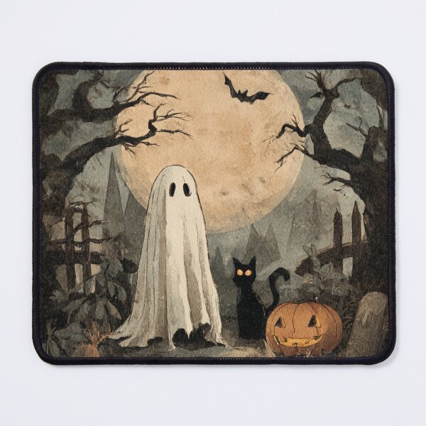 Item preview, Ghost Black Cat Pumpkin Autumn Halloween Scene Illustration designed and sold by GrinGalore.