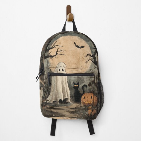 Item preview, Ghost Black Cat Pumpkin Autumn Halloween Scene Illustration designed and sold by GrinGalore.