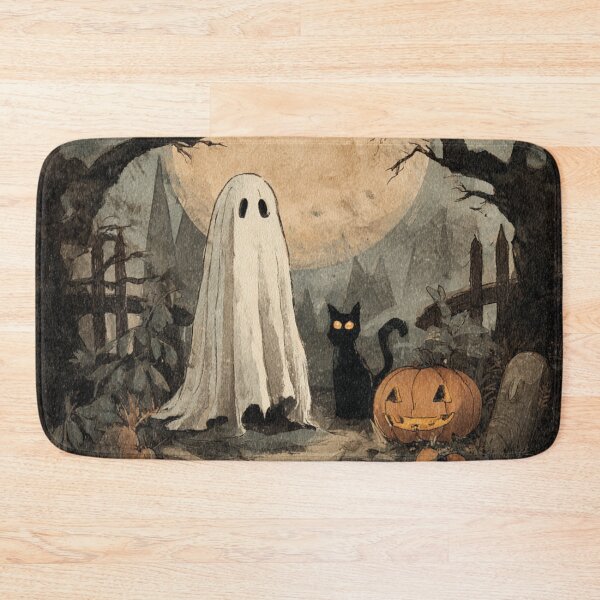 Item preview, Ghost Black Cat Pumpkin Autumn Halloween Scene Illustration designed and sold by GrinGalore.