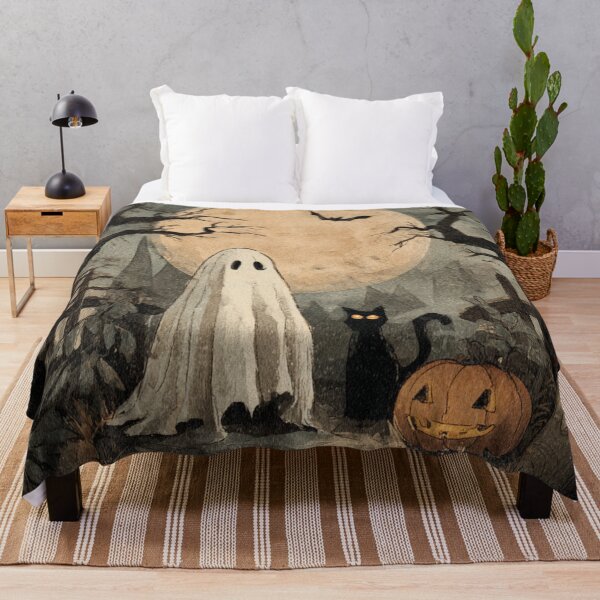 Item preview, Ghost Black Cat Pumpkin Autumn Halloween Scene Illustration designed and sold by GrinGalore.