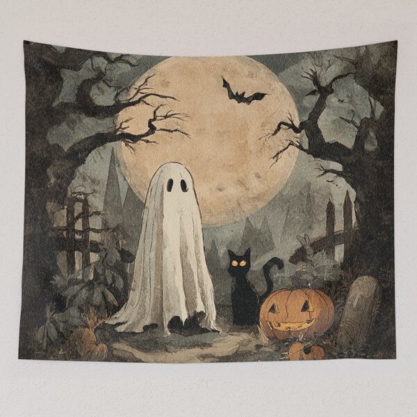 Item preview, Ghost Black Cat Pumpkin Autumn Halloween Scene Illustration designed and sold by GrinGalore.