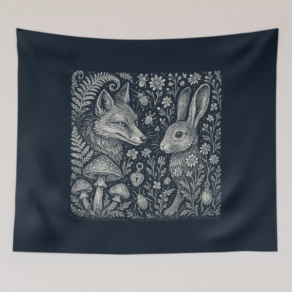 Item preview, Fox Rabbit Forest Friends Mushroom Doodle designed and sold by EdvvinStudios.