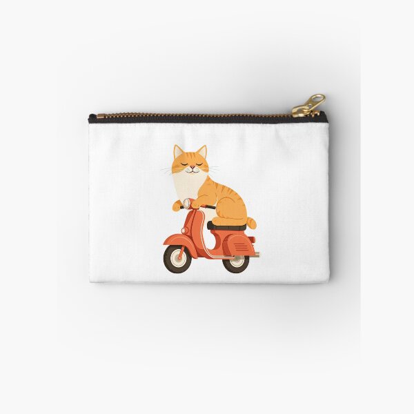 Item preview, Cat riding a scooter, enjoying a day of adventure in a colorful cartoon style with a bright blue background designed and sold by SpaceartLilu.