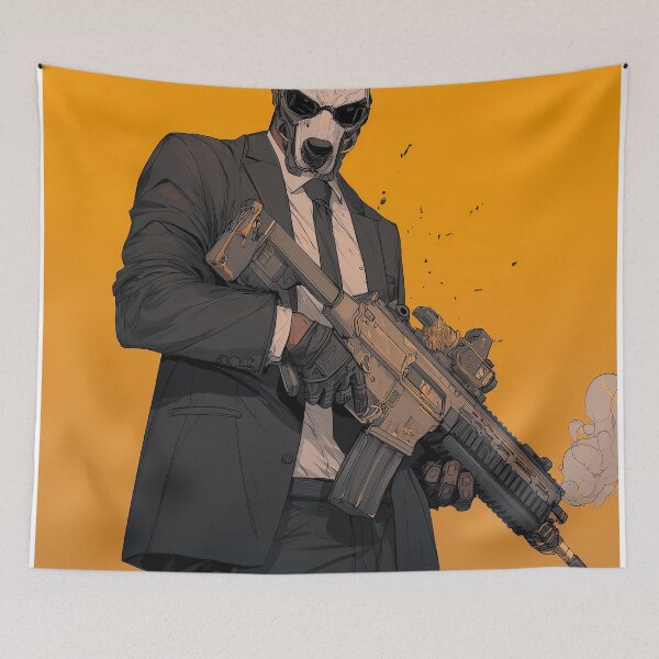 Item preview, Cyberpunk Dog Mask Hitman - Suit and Gun Art designed and sold by Wall Hues.