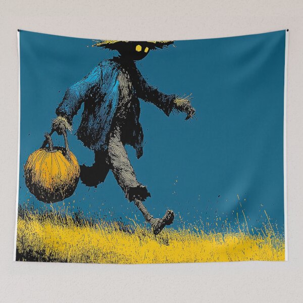Item preview, Spooky Scarecrow Running with Pumpkin - Halloween Art designed and sold by Wall Hues.