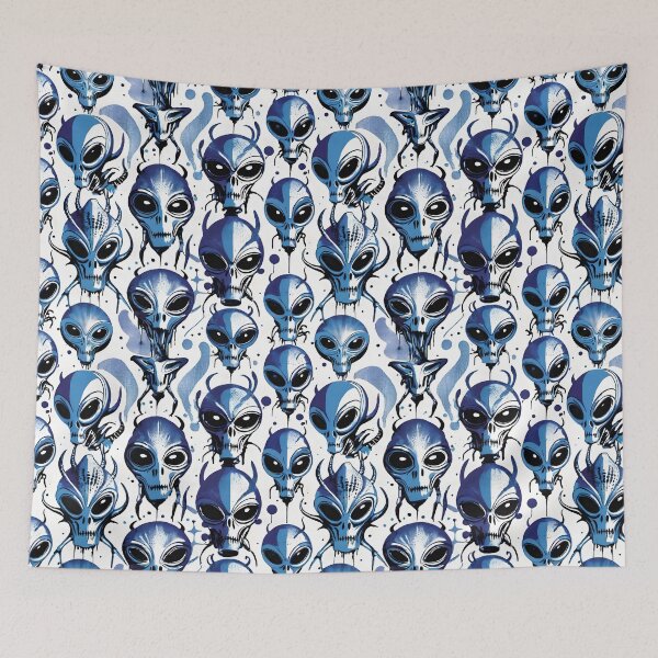 Item preview, "Alien Heads – Abstract Sci-Fi Pattern in Blue and Black" designed and sold by dreampik.