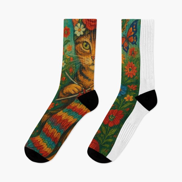 Item preview, Surreal Knitting Cat in Flower Field – Frida Kahlo Inspired Art designed and sold by Iail Ioa.