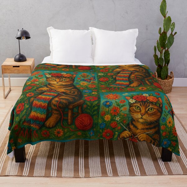 Item preview, Surreal Knitting Cat in Flower Field – Frida Kahlo Inspired Art designed and sold by Iail Ioa.