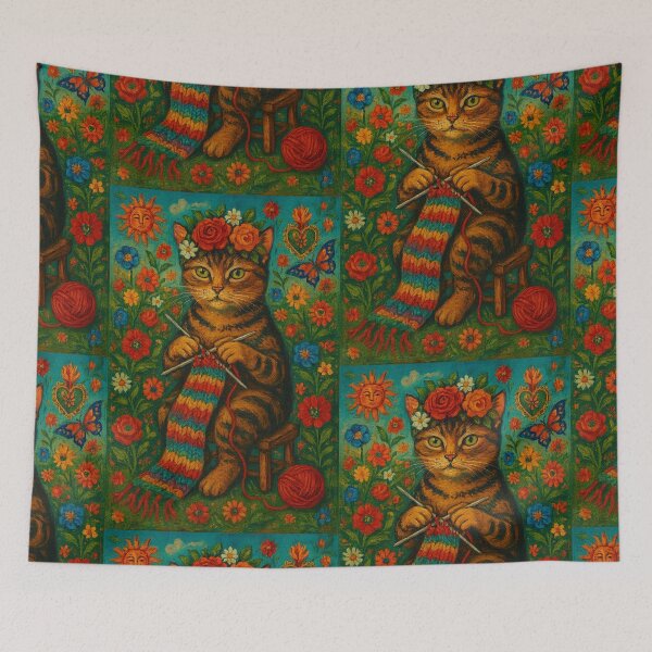 Item preview, Surreal Knitting Cat in Flower Field – Frida Kahlo Inspired Art designed and sold by Iail Ioa.
