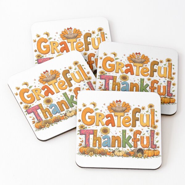 Item preview, Grateful Thankful Cute Turkey Autumn Design – Fall Thanksgiving Typography with Pumpkins and Sunflowers designed and sold by GJ Kul.