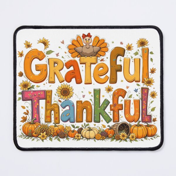 Item preview, Grateful Thankful Cute Turkey Autumn Design – Fall Thanksgiving Typography with Pumpkins and Sunflowers designed and sold by GJ Kul.