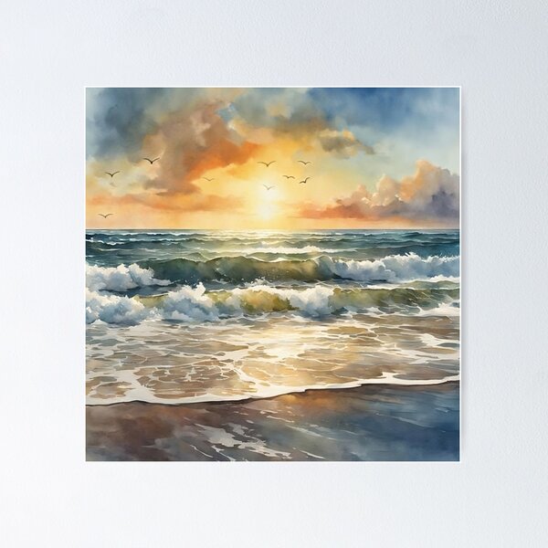 Item preview, Beautiful Waves in Sunset Watercolor Painting | Watercolor Art | Watercolor Scenery designed and sold by UnhingedBird.