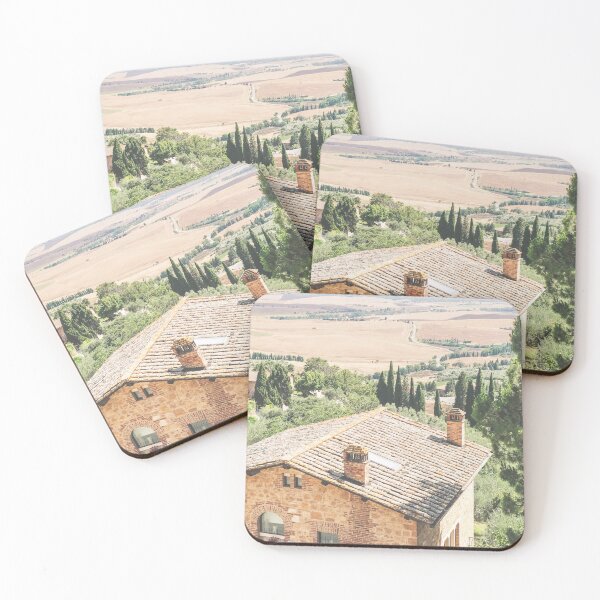 Item preview, Tuscany, Italy I Scenic panoramic view from Pienza with golden fields cypress trees rustic farmhouse in warm summer light for authentic rustic rural countryside landscape photography for la dolce vita designed and sold by Julie Travel Photography.