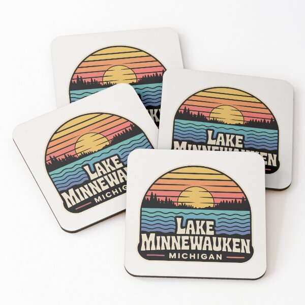 Item preview, Lake Minnewauken, Michigan Retro Sunset Emblem designed and sold by TheOldMittenIllustrated.