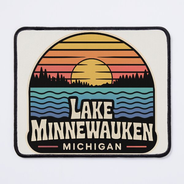 Item preview, Lake Minnewauken, Michigan Retro Sunset Emblem designed and sold by TheOldMittenIllustrated.