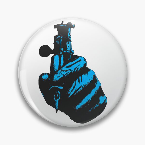 Item preview, Gloved hand holding old-school tattoo machine, blue. designed and sold by TheTattooGuy.