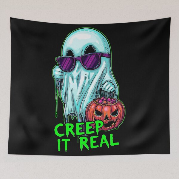 Item preview, Creep It Real – Neon Cool Ghost with Pumpkin Bucket designed and sold by snoezelstudio.