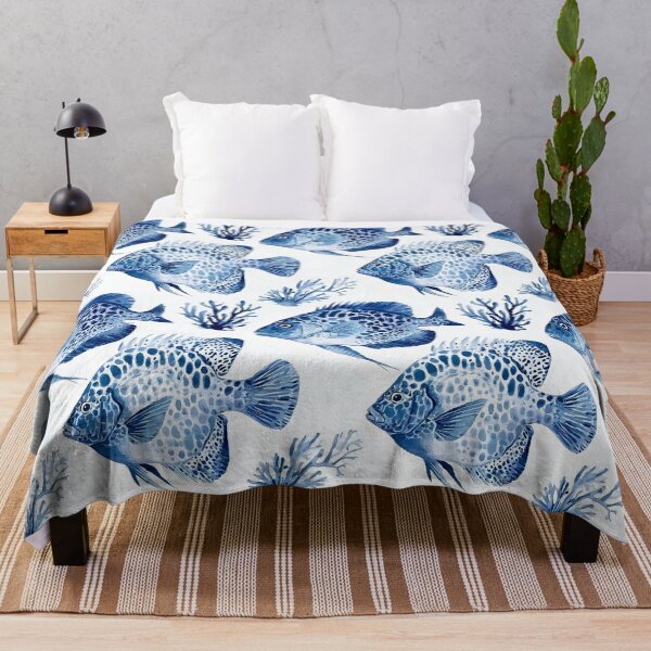 Item preview, Blue and white tropical fish and coral reef watercolor designed and sold by SophieClimaArt.