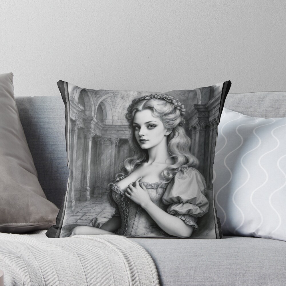 An 18th-Century Inspired Portrait Of Lucretia Corbellianus AI Concept Art by Xzendor7 | Enchanting Beauty In Grey Scale 4 An 18th-Century Inspired Portrait Of Lucretia Corbellianus Mesmerizing AI Concept Art by Xzendor7 Decorative Art Print Throw Pillow
