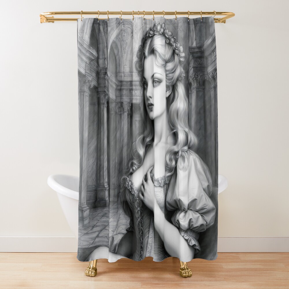 An 18th-Century Inspired Portrait Of Lucretia Corbellianus AI Concept Art by Xzendor7 | Enchanting Beauty In Grey Scale 3 An 18th-Century Inspired Portrait Of Lucretia Corbellianus Mesmerizing AI Concept Art by Xzendor7 Decorative Art Print Shower Curtain