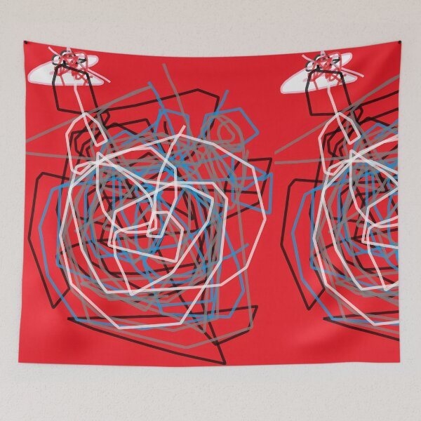 Item preview, Abstract lines indicating loss, drawing a personal map, or thinking about something specific. Black, blue, gray, and white lines on a red background. designed and sold by jotcar.