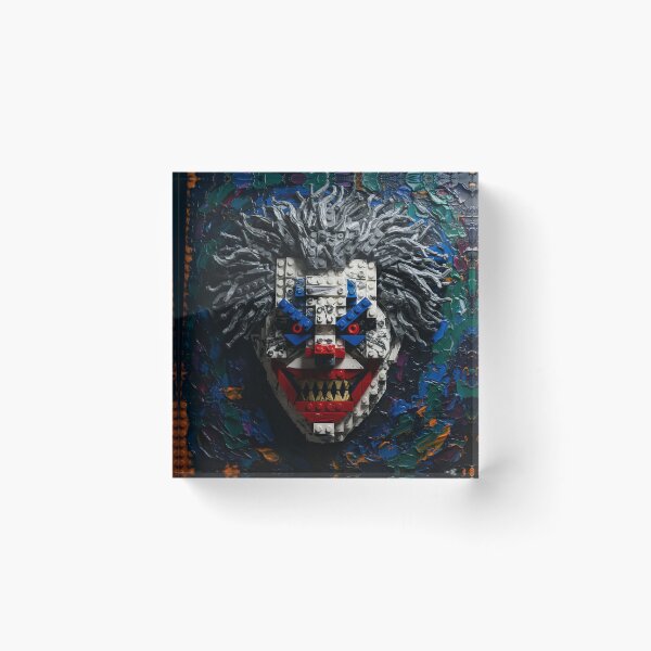 Item preview, Scary clown face with jagged teeth and strong eyes made of colored logo stone with gray hair, white face and blue, green and orange background designed and sold by jotcar.