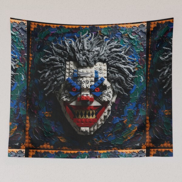 Item preview, Scary clown face with jagged teeth and strong eyes made of colored logo stone with gray hair, white face and blue, green and orange background designed and sold by jotcar.