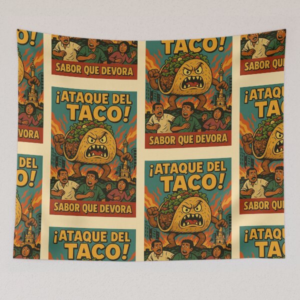 Item preview, Taco Attack! – Mexican Monster Food Poster designed and sold by Travellerz.