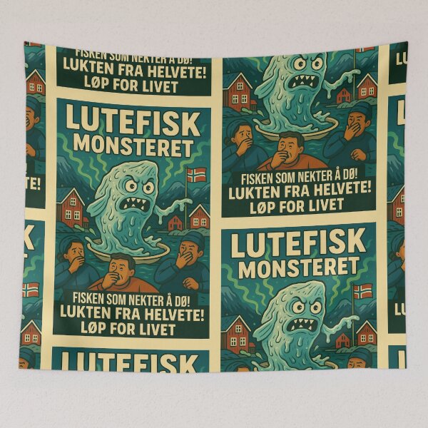 Item preview, Lutefisk Monsteret – Norwegian Rotten Fish Horror Poster designed and sold by Travellerz.