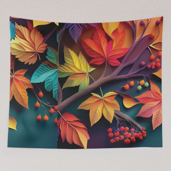 Item preview, Vibrant Rainbow Maple leaves TEXTURED Fall season, 3d cutouts multicoloured leaf berries artwork, vintage autumn theme leaves designed and sold by navitalidesign.