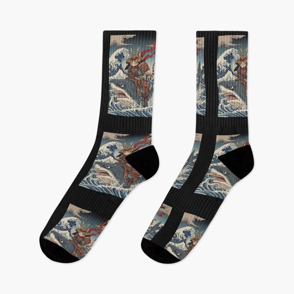 Item preview, Vintage Anime Cat Japanese Funny Samurai Cat Riding Shark Men Women Kids designed and sold by cawtoon.