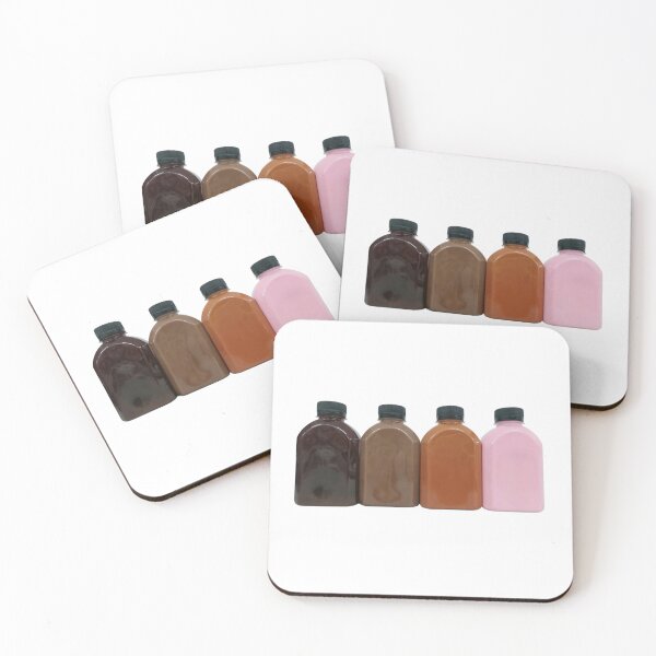 Item preview, Coffee, chocolate, Thai tea, and strawberry flavored milk in plastic bottles on white background. designed and sold by Pat-Koon.