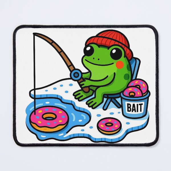 Item preview, Happy frog in a beanie ice fishing with donuts designed and sold by NorthboundExpress.