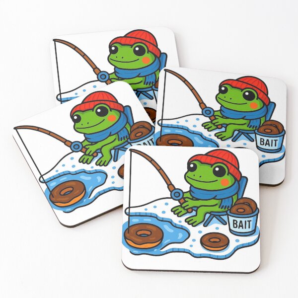 Item preview, Happy frog with a blue scarf ice fishing with donuts designed and sold by NorthboundExpress.