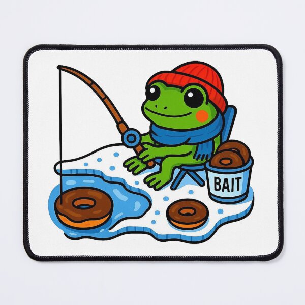 Item preview, Happy frog with a blue scarf ice fishing with donuts designed and sold by NorthboundExpress.