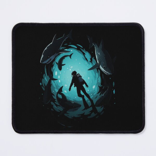 Item preview, “Into the Deep – Diver Surrounded by Sharks in Ocean Swirl” designed and sold by graphicnew.