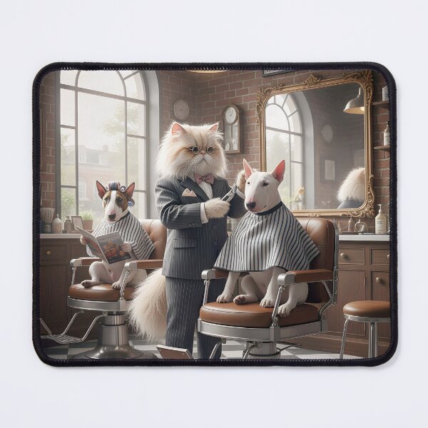 Item preview, A Persian Cat cutting the Hair of a Bull Terrier designed and sold by Huskyyy Designs.