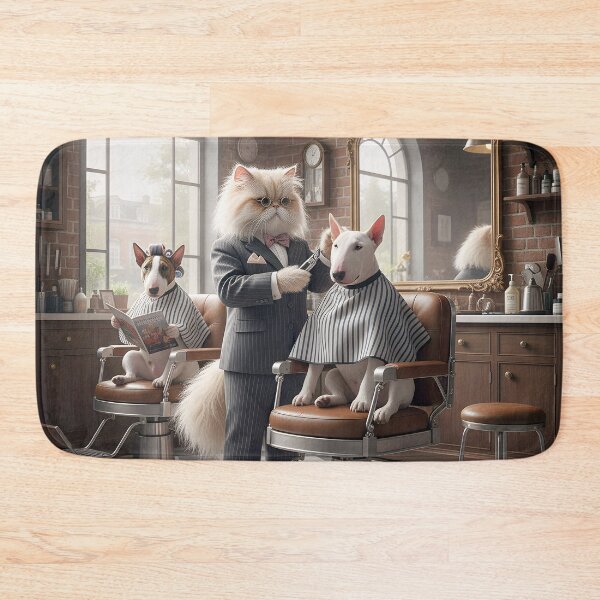 Item preview, A Persian Cat cutting the Hair of a Bull Terrier designed and sold by Huskyyy Designs.