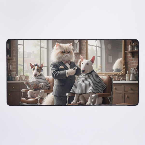 Item preview, A Persian Cat cutting the Hair of a Bull Terrier designed and sold by Huskyyy Designs.
