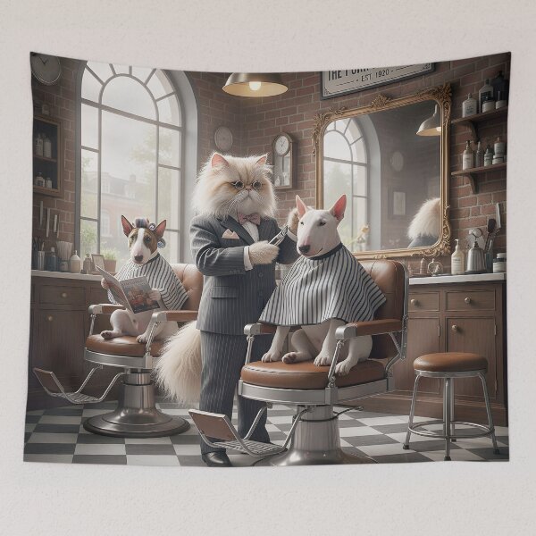 Item preview, A Persian Cat cutting the Hair of a Bull Terrier designed and sold by Huskyyy Designs.