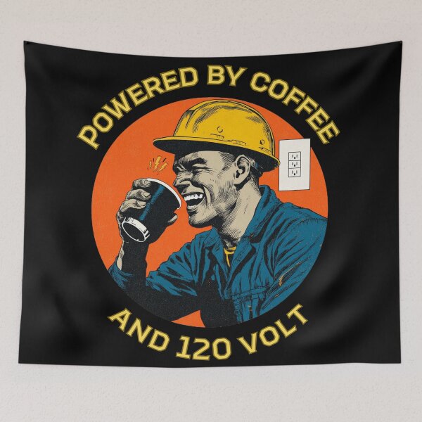 Item preview, Powered by Coffee and 120 Volt | Funny Hardhat Electrician Humor Gift | Vintage Worker Art designed and sold by CrunchyGoats.