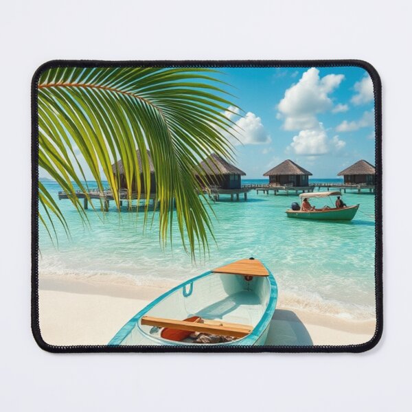 Item preview, Tropical Blue Kayak on White Beach with Maldives Overwater Bungalows View designed and sold by Jade Ado.