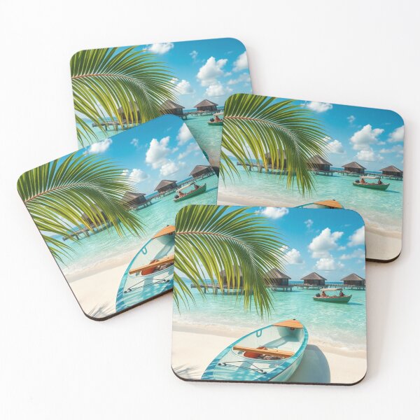 Item preview, Tropical Blue Kayak on White Beach with Maldives Overwater Bungalows View designed and sold by Jade Ado.