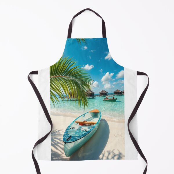 Item preview, Tropical Blue Kayak on White Beach with Maldives Overwater Bungalows View designed and sold by Jade Ado.