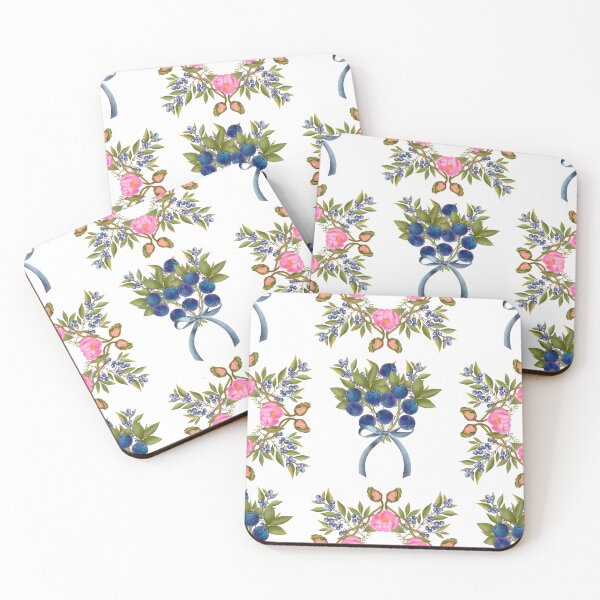 Item preview, Botanical print with blueberries, poppies, peonies and bows on a white background. Hand-drawn print designed and sold by Grin Katalina Floral Patterns & Cozy Art.